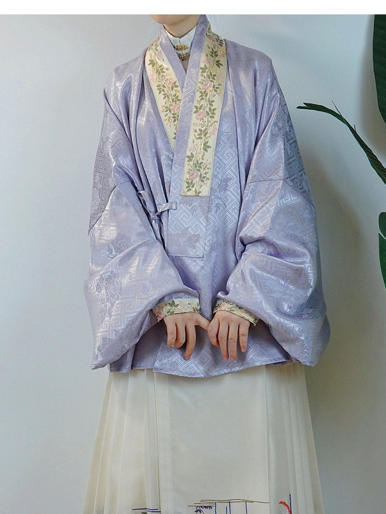 Chinese Style Ming Dynasty Pipa Sleeve Embroidered Dark-patterned Cross-collar Top for Women-02