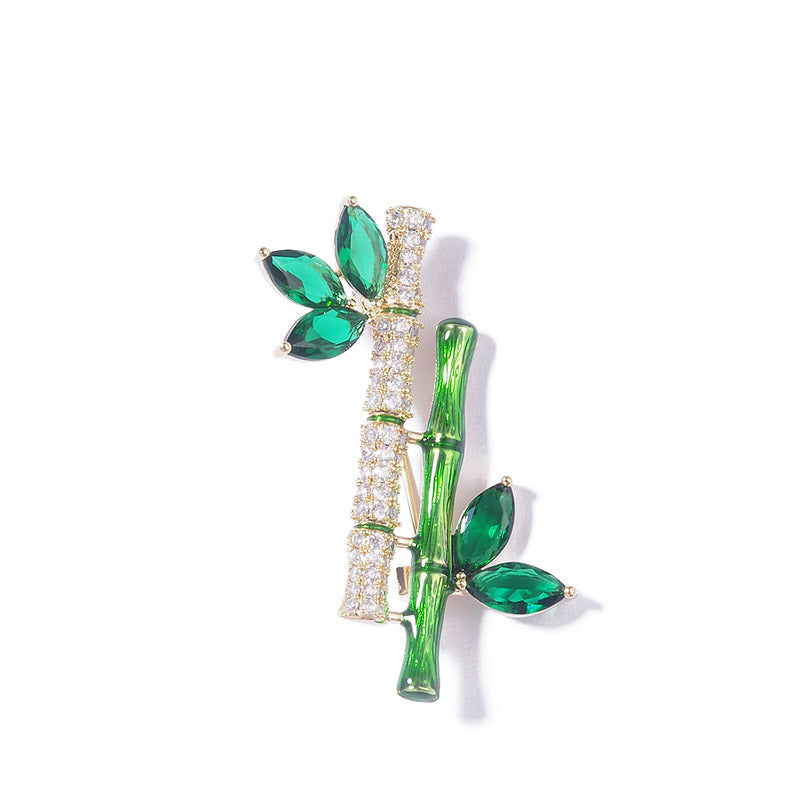 Classic Bamboo Leaf Brooch with Cubic Zirconia Chinese Style Jewelry Gift-02
