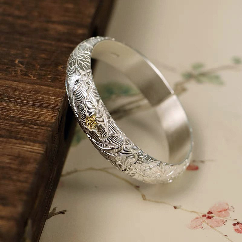 Hand-Carved Chinese Style Vintage Peony Pattern Pure Silver with Gold Inlay Opening Bangle Bracelet-05