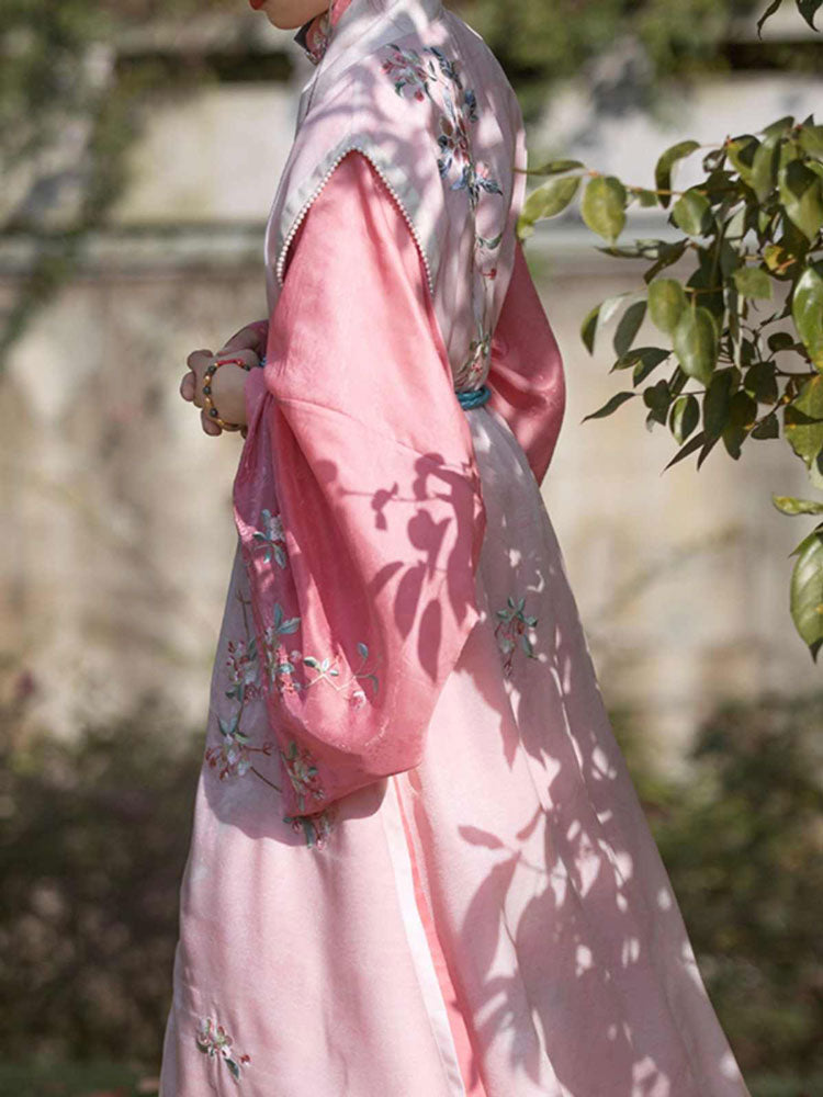 Blossom Season - Pink Traditional Stand-Collar Embroidered Hanfu Dress Set-02