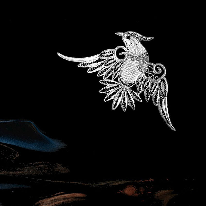 Vintage Plain Silver Filigree Auspicious Bird Phoenix Brooch for Women-02