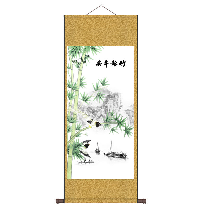 "Zhu Bao Ping An" - Blessings of Peace Brought by Lucky Bamboo, Silk Scroll Hanging Painting Reproduction Wall Decor Art-02