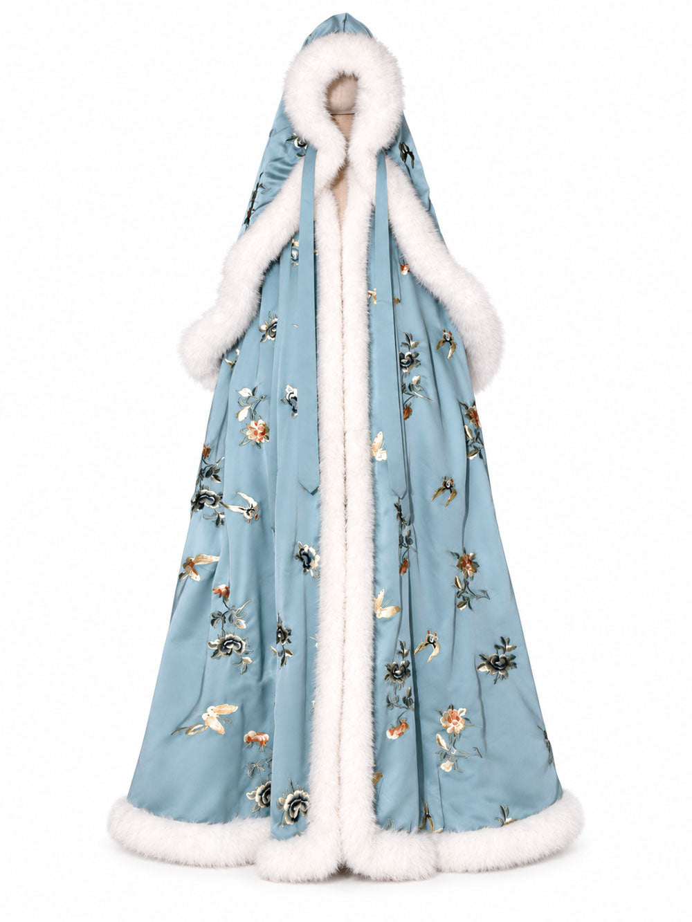 Blue Su Embroidery Hanfu Cape with Faux Fur Lining — Butterflies Among Blossoms