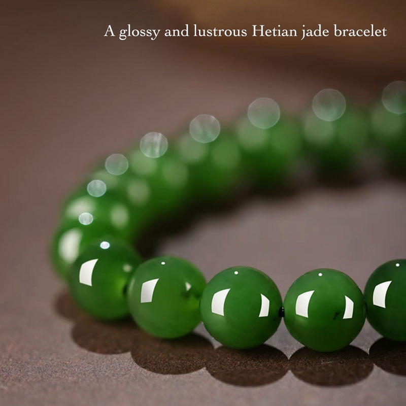 Xinjiang Hetian Jade Bracelet Adorned with a Four Leaf Clover Green Jade Biyu Bracelet-02