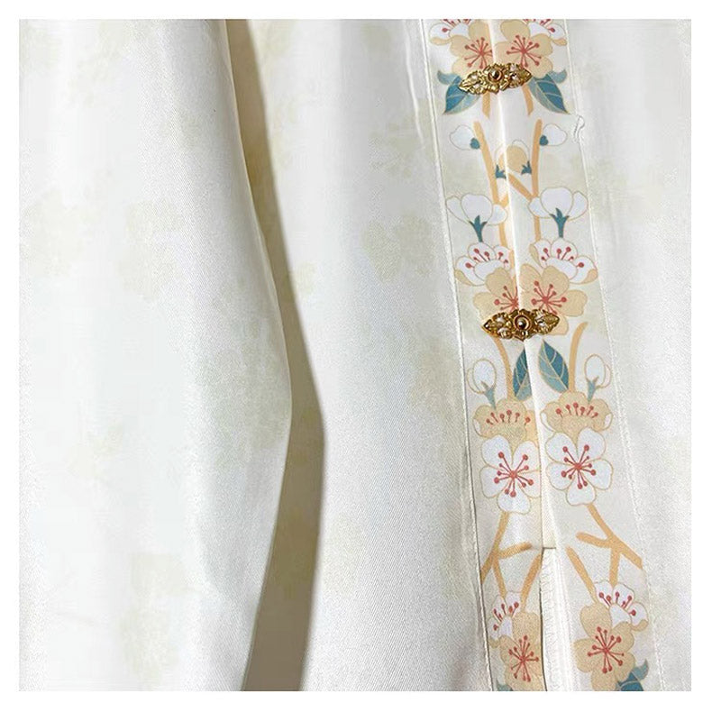 Ming Dynasty Stand-up Collar Beige Printed Front Placket Improved Daily Hanfu Shirt Top-02