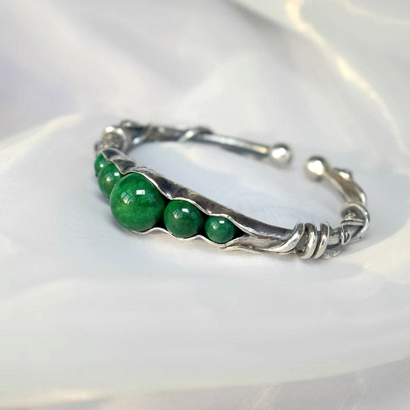 Natural Inspired Handmade 999 Silver Pea Pod Bracelet with Inlaid Jade-02