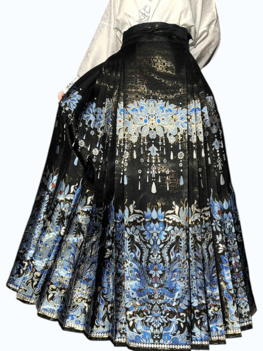Qingluan Feather Mamian Skirt – Ming-Style Kingfisher Blue & Gold Hanfu Skirt-06
