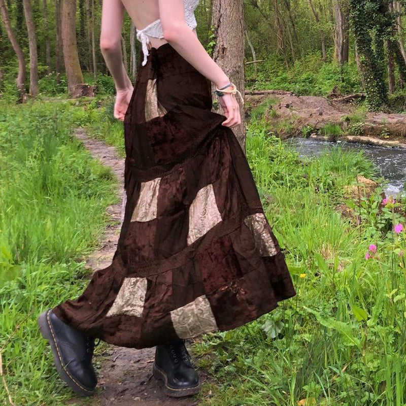 Vintage Velvet Patchwork Retro Tribal Print Skirt: Embrace the Wasteland Fashion Trend-02
