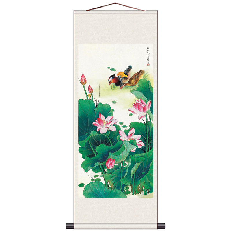 Traditional Chinese Painting Mandarin Ducks and Ink Lotus, Mandarin Ducks Playing in Water Silk Scroll Hanging Painting-02