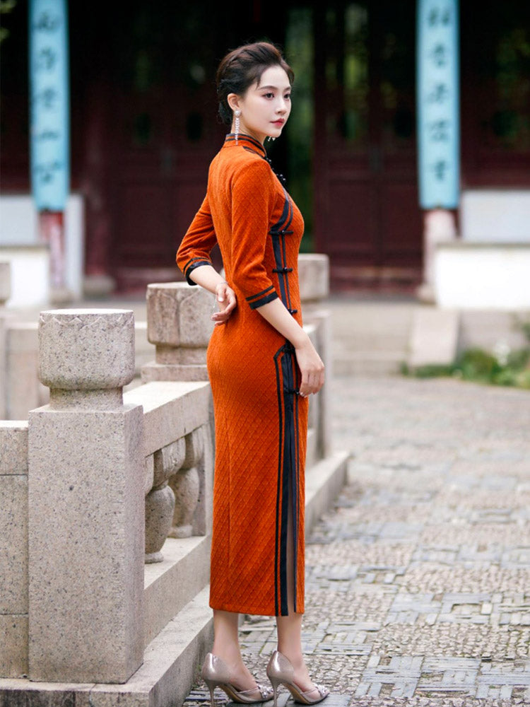 Orange with Black Trim Vintage Geometric Embossed Cheongsam Dress for Women-02