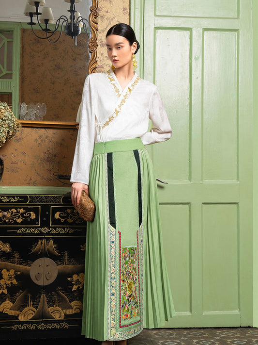 Embroidered Floral and Bird Pattern Ma Mian Skirt - Women's Wrap Skirt-02