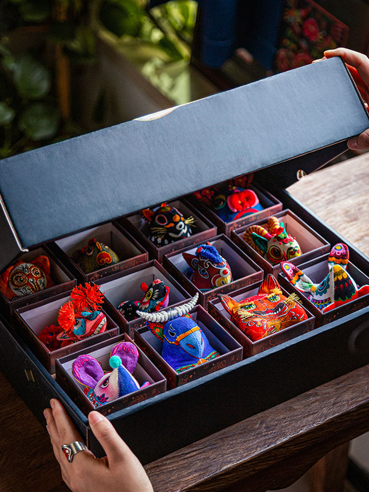 Twelve Chinese Zodiac Signs Hand Embroidered Sachet Car Pendant Rat, Ox, Tiger, Rabbit, Dragon, Snake, Horse, Goat, Monkey, Rooster, Dog, and Pig