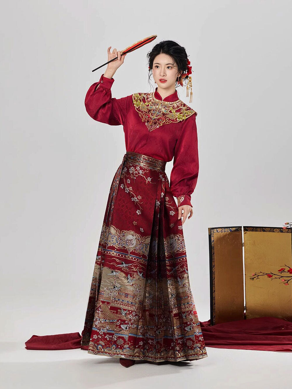 Spring at the Imperial Palace — Pomegranate Red Ming-Style Mamian Skirt Set-03