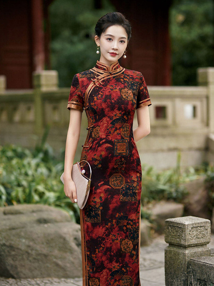Chinese Style Classic Festive Vintage Red Cheongsam Dress with