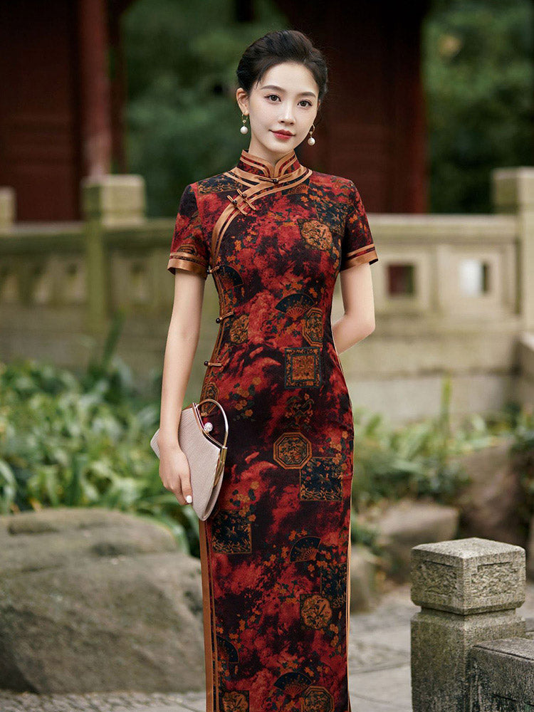 Chinese Style Classic Festive Vintage Red Cheongsam Dress with Floral Print for Women-02