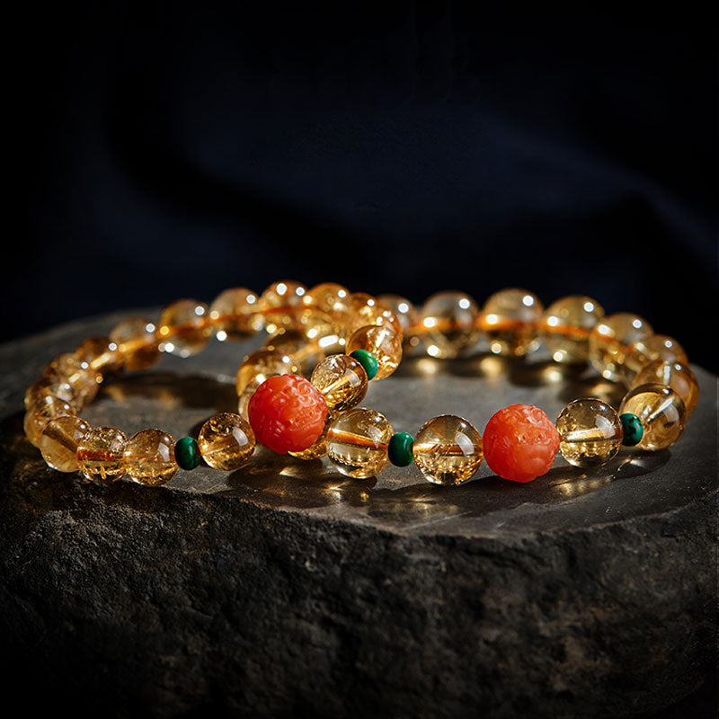 Natural Yellow Citrine Bracelet with South Red Agate Pixiu and Turquoise Beads-02