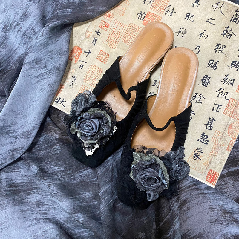 Handmade Vintage Chinese Style Cloth Art Elegant Wabi-Sabi Dried Rose Flower Flat Shoes-02