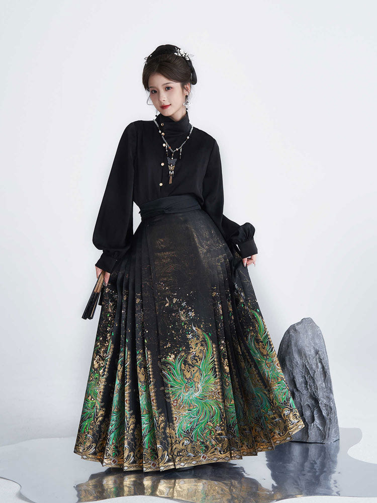 Chinese 'Shan Hai Jing' Qingluan Divine Bird Golden Weave Black Mamianqun Skirt-02