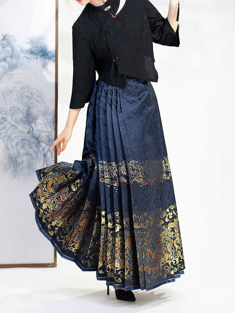 Inspired by Ancient Textile Motifs - Dark Patterned Woven Gold Mamianqun Skirt-05