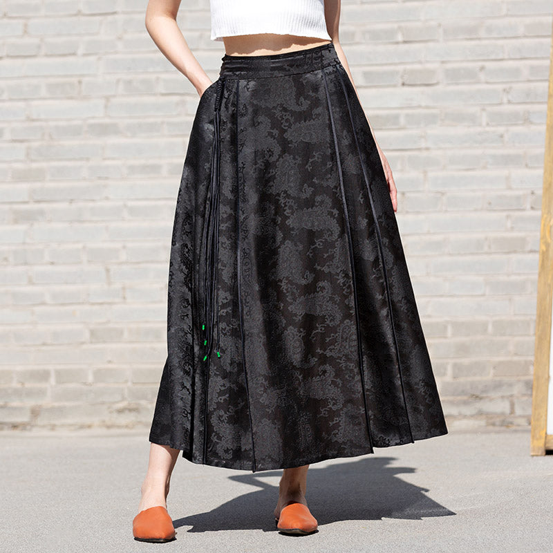 New Chinese-style Black Vintage Pattern Mulberry Silk Midi Skirt Mamianqun Skirt-04