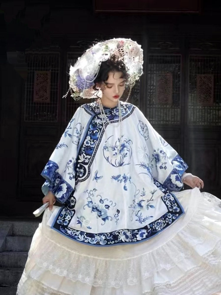 Vintage Han Elements Blue and White Porcelain Printed Jacquard Top for Women-02