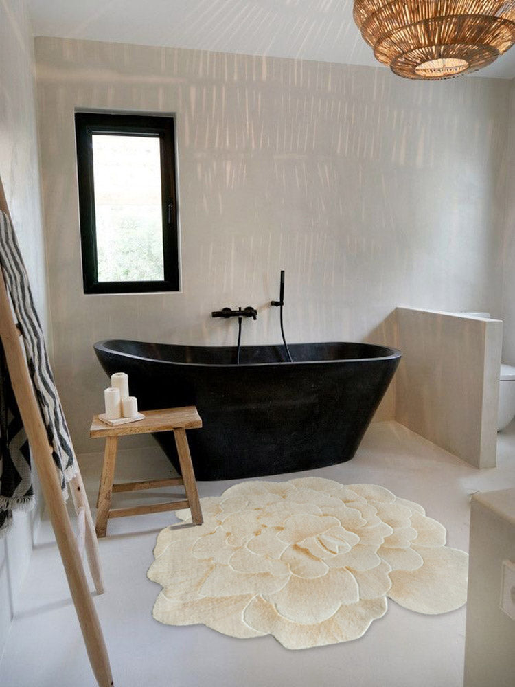 "Golden Silk White Peony" Handwoven White Peony Flower Shaped Rug Home Decor-02