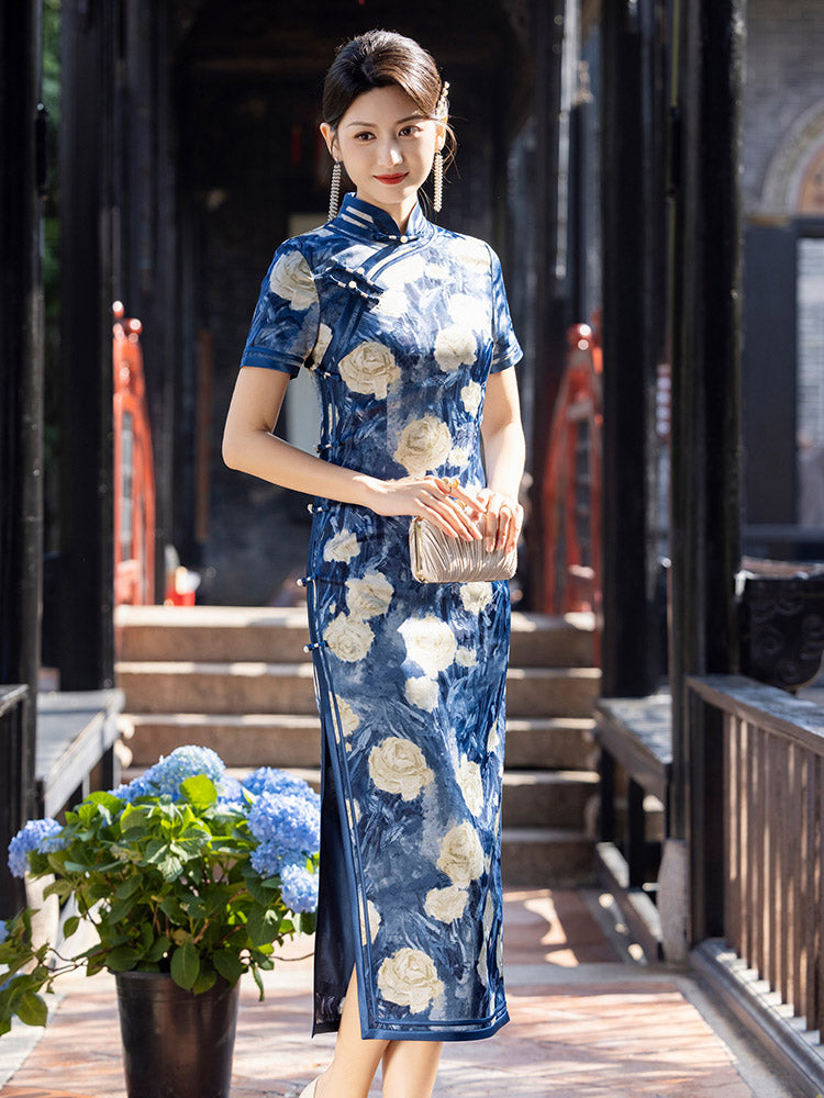 Romantic Blue Floral Vintage Qipao Cheongsam Dress for Women-02