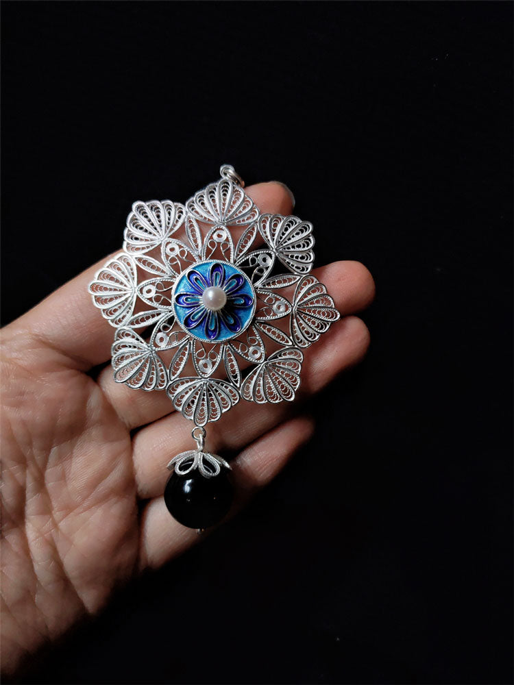Vintage Cloisonné Silver Filigree Inlaid Freshwater Pearl Mandala Flower Necklace Pendant-02