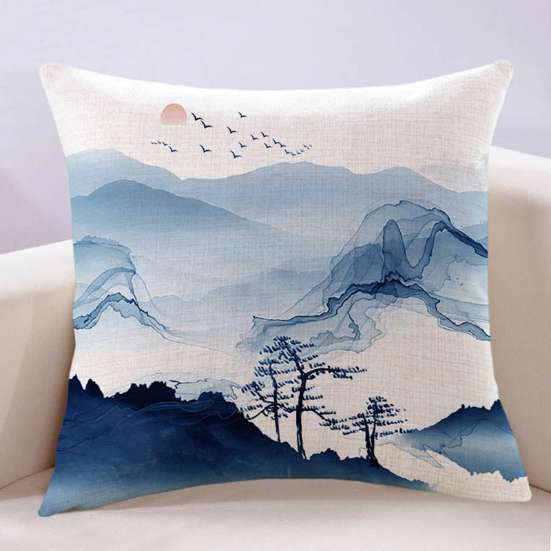 Chinese Style Blue Art Ink Landscape Painting Cotton and Linen Throw Pillow-01