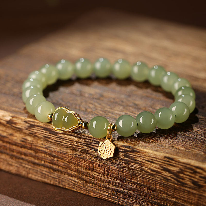 Natural Hetian Qingshui Jade Bracelet Adorned with Jade Gourd and the Chinese Character for '福' (fortune) Charm-02