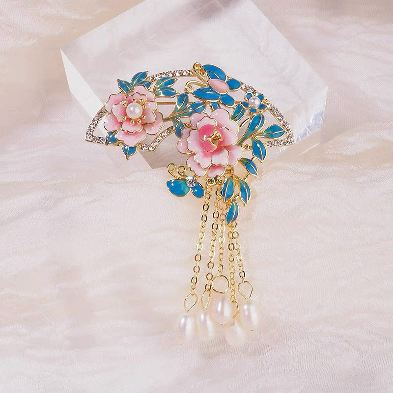 Chinese Cloisonné Pink Peony Fan-Shaped Brooch with Freshwater Pearl Tassel-02