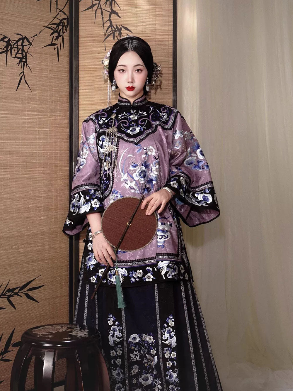 New Chinese Style Han Elements Purple Printed Jacquard Top (Diagonal Placket)-01
