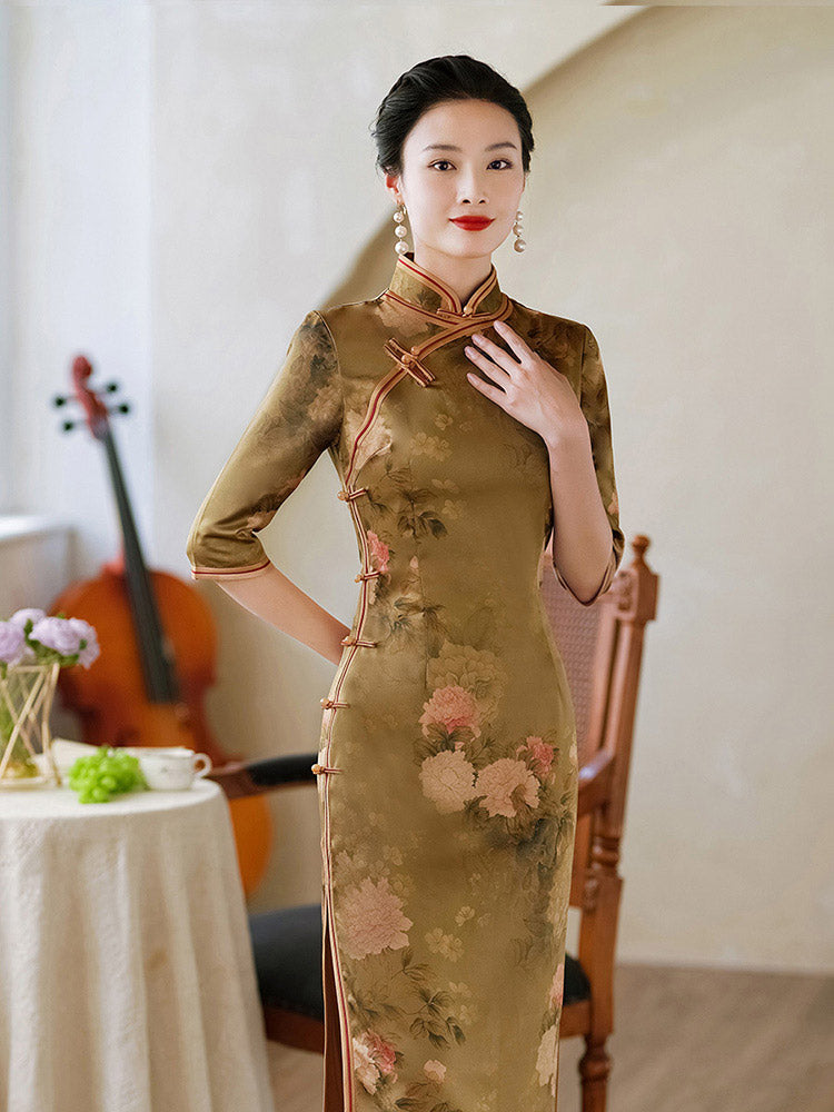 Classic Chinese Style Printed Pattern Brown Mid-length Sleeve Cheongsam Dress for Women-02