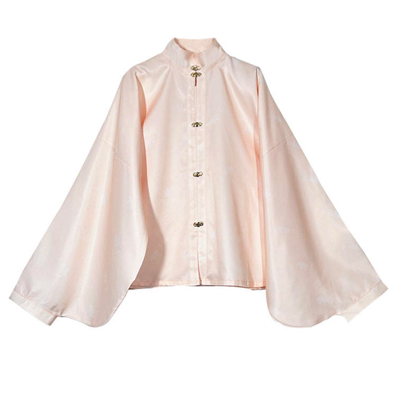 Ming Dynasty Stand-up Collar Han Element Solid Color Front Placket Daily Shirt Top-01