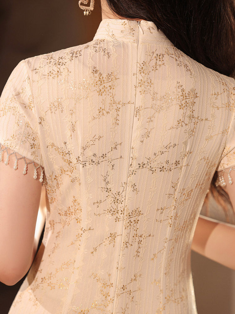 Vintage Elegant Cream White Lace Gold Foil Printed Qipao Cheongsam Dress-05