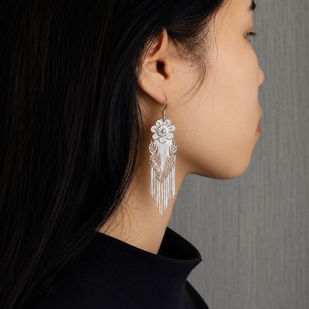 Plum Blossom Filigree Tassel Earrings in 999 Fine Silver-02