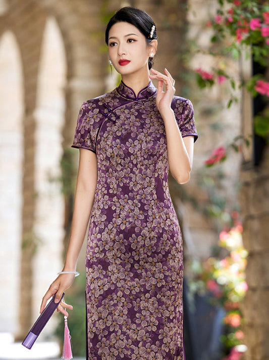 Romantic Vintage Purple Floral Printed Qipao Cheongsam Dress-01