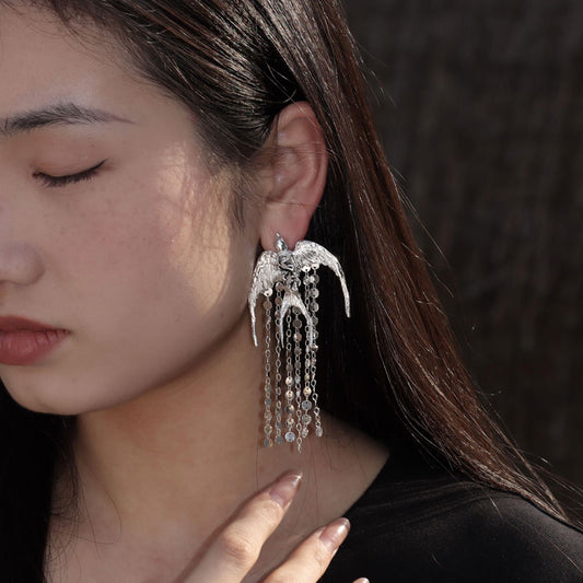 The Swallow S930 - Handforged Chinese Swallow Earrings in Sterling Silver with Delicate Tassels-02