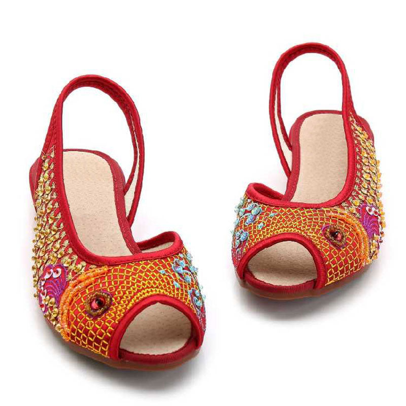 Red Embroidered Peep Toe Low Cut Flats-03