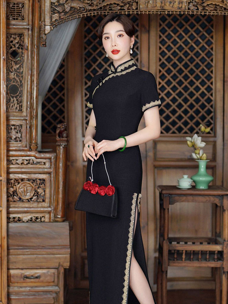 Vintage Elegant Black Long Cheongsam Dress with Lace Trim-02