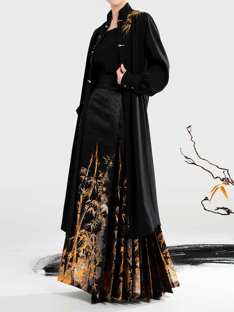 Golden Bamboo Ink Wash - Woven Gold Ma Mian Qun Hanfu Skirt-02