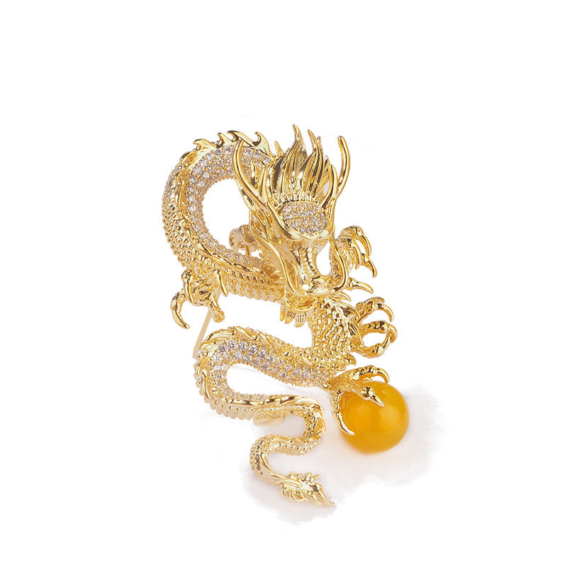 Golden Dragon Playing with Pearl - The Chinese Dragon Loong Brooch with CZ Zodiac Jewelry Gift-02
