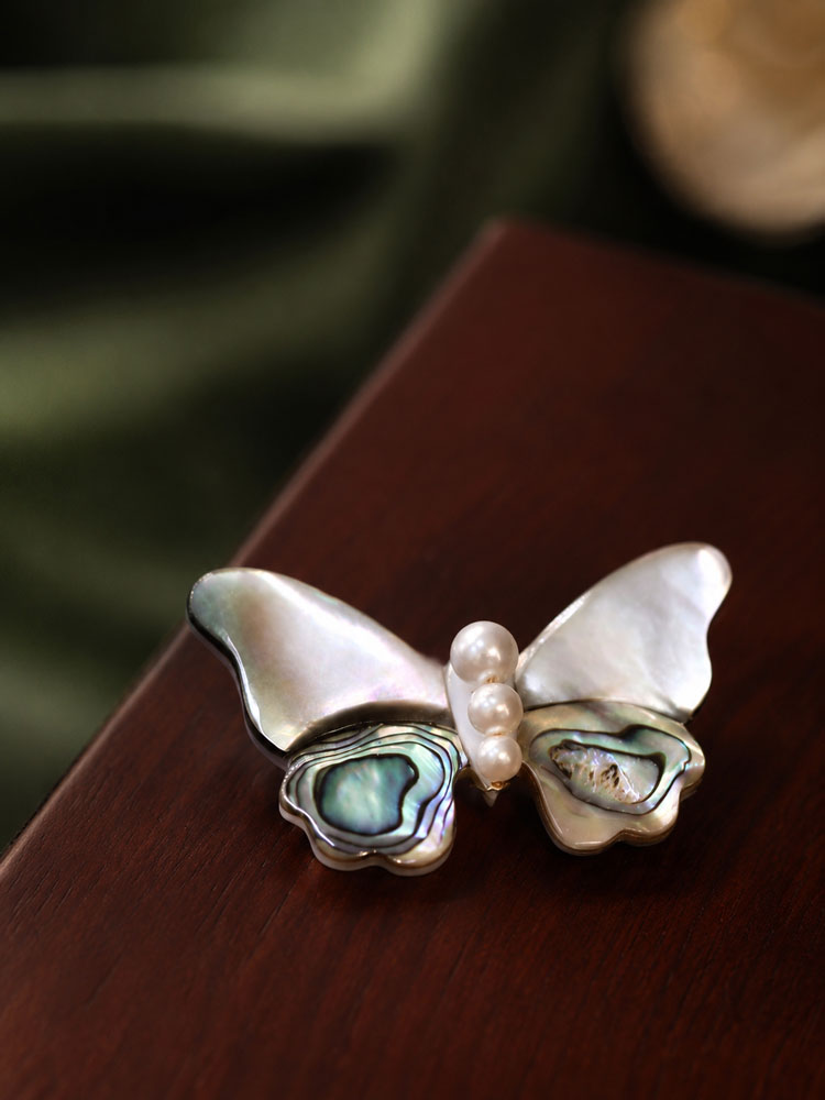 Natural Shell Butterfly & Dragonfly Brooch with Imitation Pearls-02