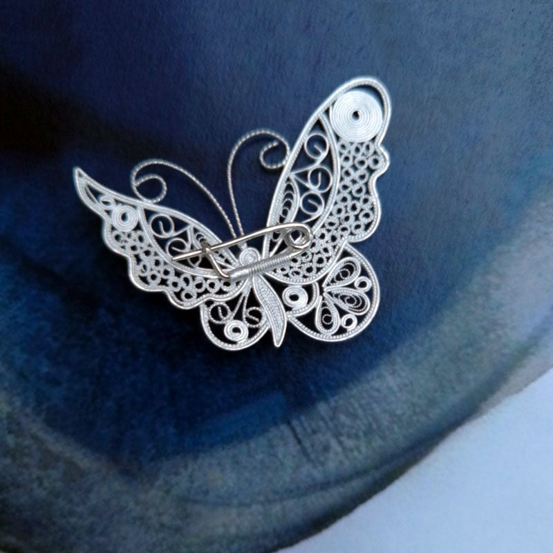 Vintage Plain Silver Filigree Butterfly Brooch Inlaid with Natural Freshwater Pearl-02