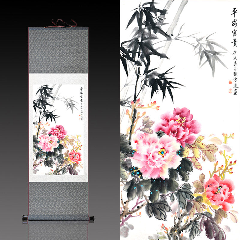 "Peace and Prosperity" Silk Scroll Hanging Painting Reproduction with Bamboo and Peony, a Home Wall Decorative Art Piece-05