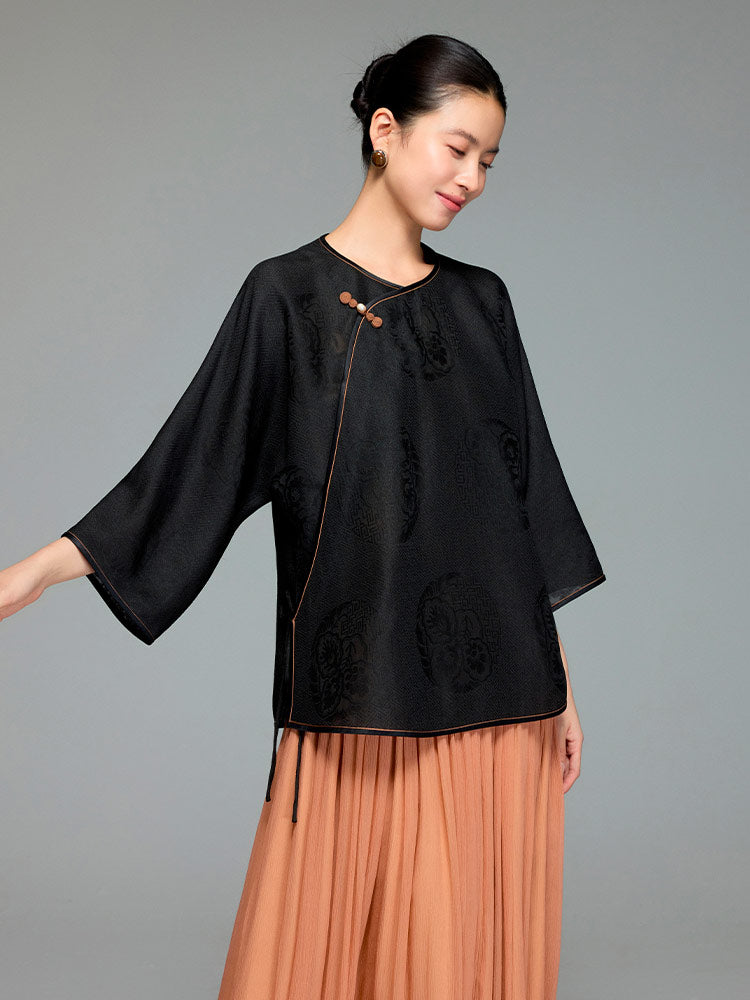 Handcrafted Neo-Chinese Silk Shirt – Mandarin Buttons, 100% Pure Mulberry Silk-02