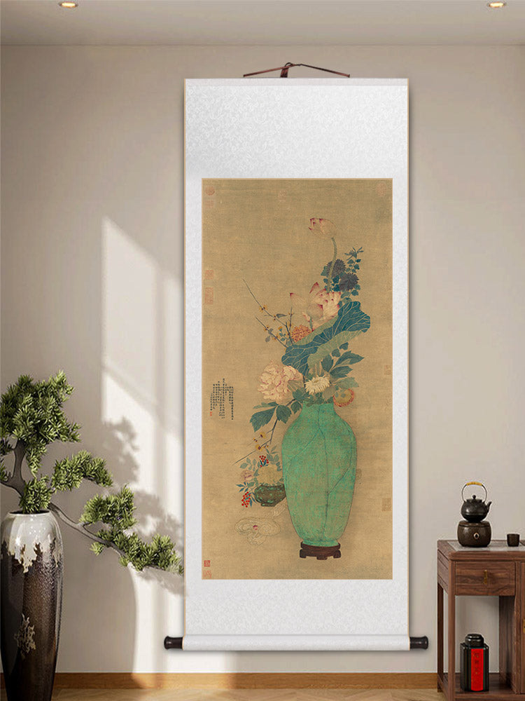 Traditional Chinese Classical Flower and Vase Silk Scroll Hanging Painting Chinese Style Wall Decoration Art-02