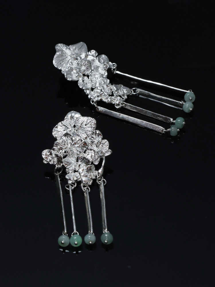Orchid Cluster S930 - Handforged Chinese Phalaenopsis Earrings in Sterling Silver with Jadeite Beaded Tassels-09