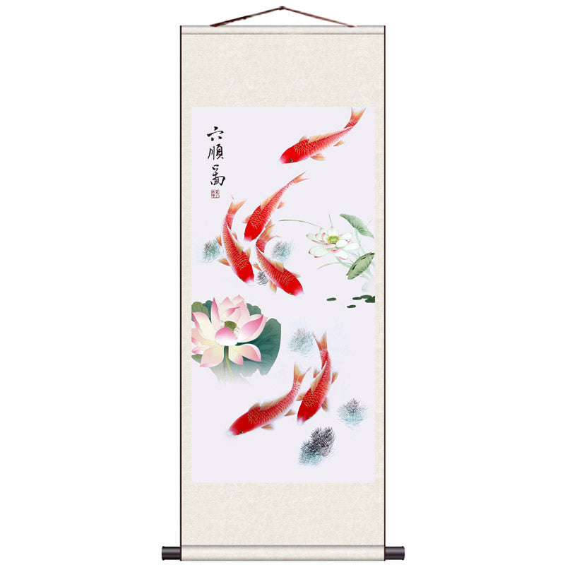 Nine Fish Painting, Six Fish Painting - Traditional Chinese Auspicious Fish Pattern Silk Scroll Hanging Painting Reproduction-03