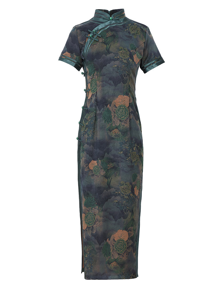 Green Vintage Jacquard Floral Printed Qipao Cheongsam Dress-05